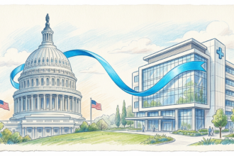 A hand-drawn illustration linking the US Capitol to a hospital after the Senate passed a healthcare cybersecurity bill.
