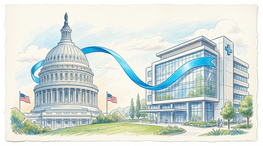 A hand-drawn illustration linking the US Capitol to a hospital after the Senate passed a healthcare cybersecurity bill.