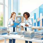 Two clinicians reviewing stacks of patient record folders in a bright research office