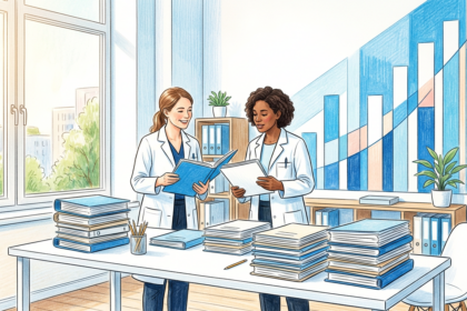Two clinicians reviewing stacks of patient record folders in a bright research office