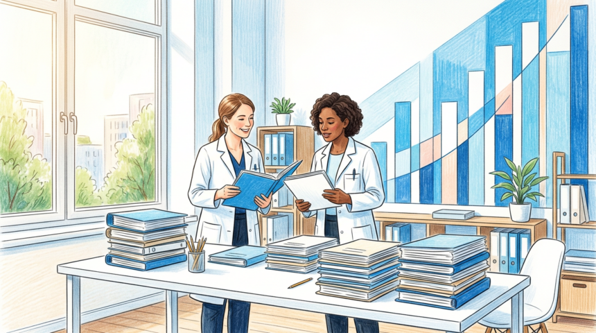 Two clinicians reviewing stacks of patient record folders in a bright research office