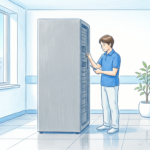 IT technician working beside a single rack of servers in a bright clinical data room