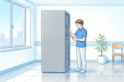 IT technician working beside a single rack of servers in a bright clinical data room