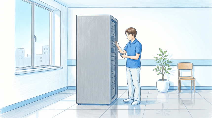 IT technician working beside a single rack of servers in a bright clinical data room