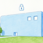 A modern hospital campus building under a bright sky with a padlock symbol