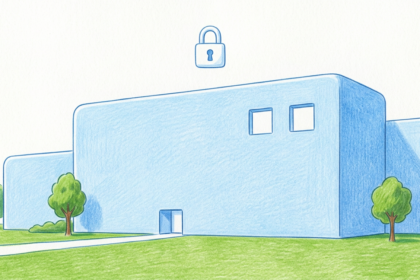 A modern hospital campus building under a bright sky with a padlock symbol