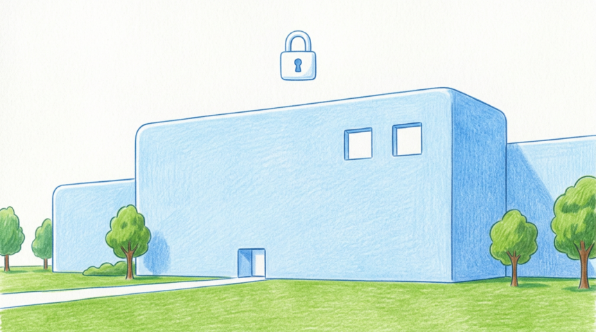 A modern hospital campus building under a bright sky with a padlock symbol