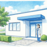 A small neighborhood medical clinic with a physician standing at the entrance