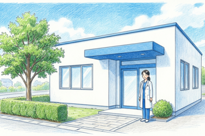 A small neighborhood medical clinic with a physician standing at the entrance