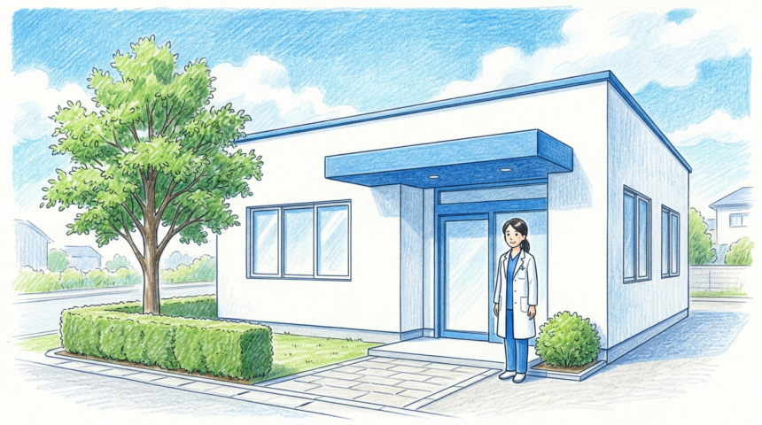 A small neighborhood medical clinic with a physician standing at the entrance
