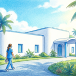 A bright nonprofit health campus building under tropical palm trees