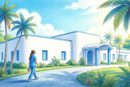 A bright nonprofit health campus building under tropical palm trees