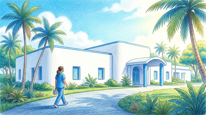 A bright nonprofit health campus building under tropical palm trees