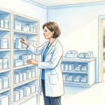 A pharmacist beside shelves of medication boxes in a bright long-term care pharmacy