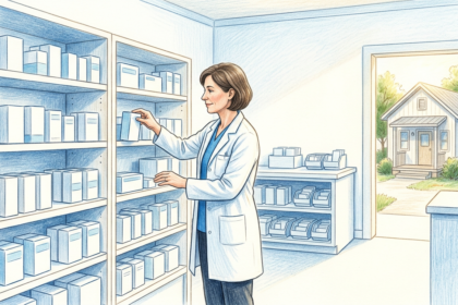 A pharmacist beside shelves of medication boxes in a bright long-term care pharmacy