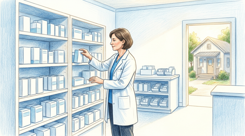 A pharmacist beside shelves of medication boxes in a bright long-term care pharmacy