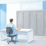 A technician at a desk facing server cabinets in a bright hospital network room