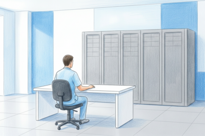 A technician at a desk facing server cabinets in a bright hospital network room
