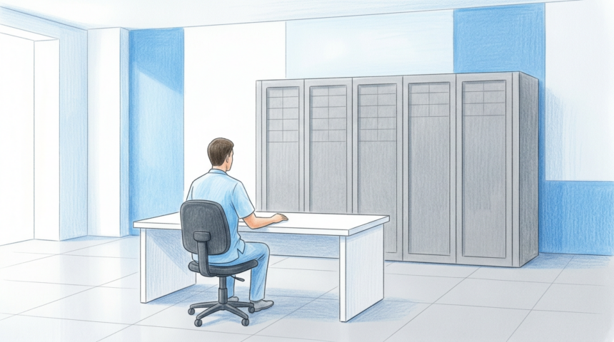 A technician at a desk facing server cabinets in a bright hospital network room