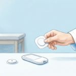 Hand-drawn illustration of a glucose monitor sensor and reader on a clinic counter