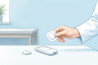 Hand-drawn illustration of a glucose monitor sensor and reader on a clinic counter