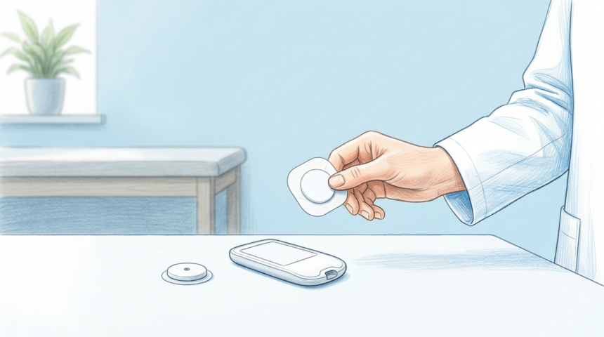 Hand-drawn illustration of a glucose monitor sensor and reader on a clinic counter