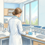 Hand-drawn illustration of a pharmaceutical laboratory bench with vials and a researcher