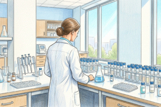 Hand-drawn illustration of a pharmaceutical laboratory bench with vials and a researcher
