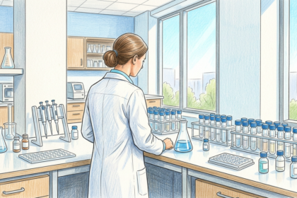 Hand-drawn illustration of a pharmaceutical laboratory bench with vials and a researcher