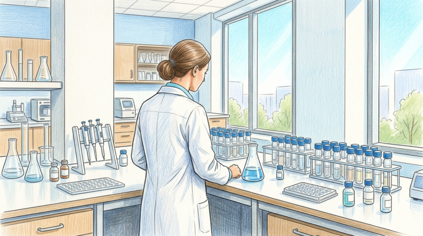 Hand-drawn illustration of a pharmaceutical laboratory bench with vials and a researcher
