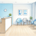 Hand-drawn illustration of a behavioral health clinic reception and waiting area
