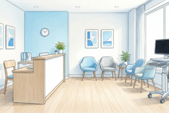 Hand-drawn illustration of a behavioral health clinic reception and waiting area