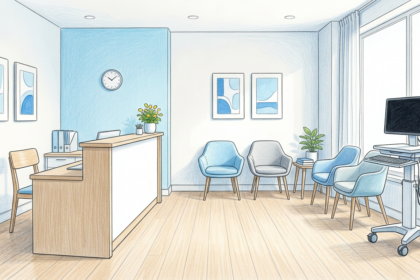 Hand-drawn illustration of a behavioral health clinic reception and waiting area