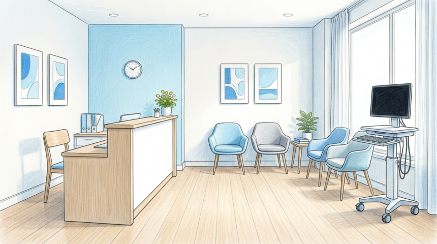 Hand-drawn illustration of a behavioral health clinic reception and waiting area