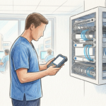 Healthcare IT administrator beside a network appliance rack in a hospital operations room