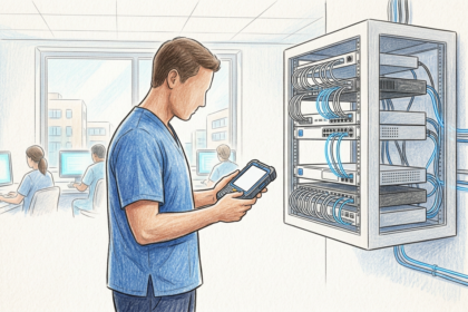 Healthcare IT administrator beside a network appliance rack in a hospital operations room