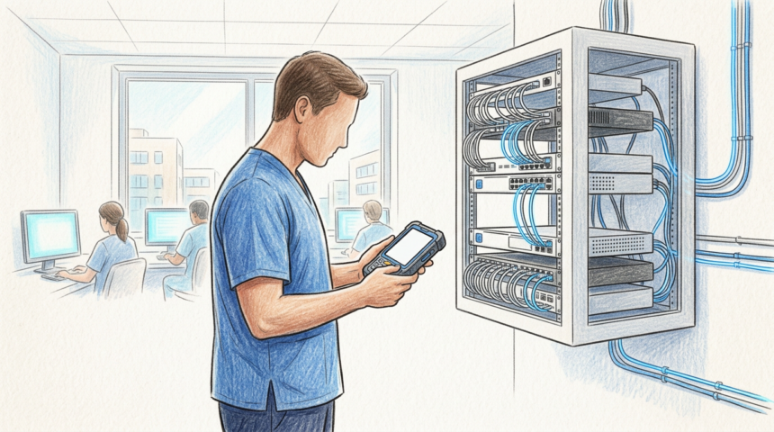 Healthcare IT administrator beside a network appliance rack in a hospital operations room