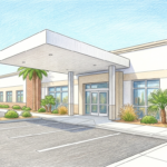 Bright modern orthopedic clinic exterior in a sunny Nevada suburb