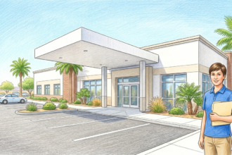 Bright modern orthopedic clinic exterior in a sunny Nevada suburb