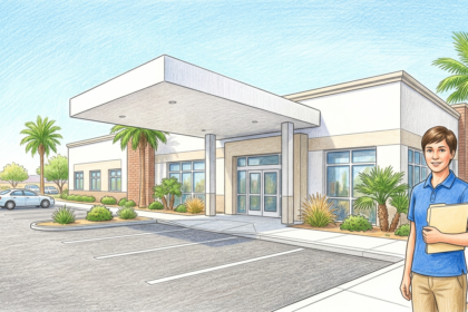 Bright modern orthopedic clinic exterior in a sunny Nevada suburb