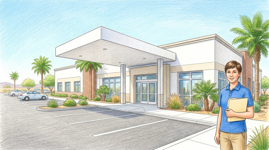 Bright modern orthopedic clinic exterior in a sunny Nevada suburb