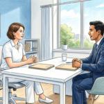 Compliance officer and security consultant across a desk in a hospital records office