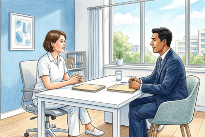 Compliance officer and security consultant across a desk in a hospital records office