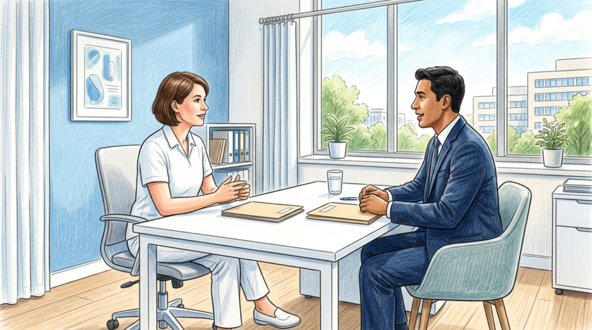 Compliance officer and security consultant across a desk in a hospital records office
