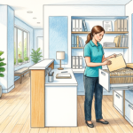 Medical records administrator filing a folder in a bright Florida health clinic