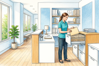 Medical records administrator filing a folder in a bright Florida health clinic