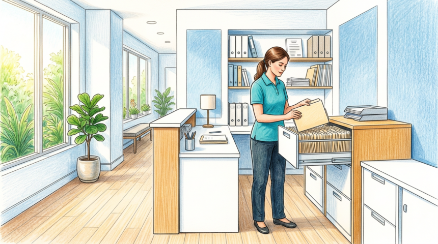 Medical records administrator filing a folder in a bright Florida health clinic