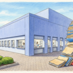 Hand-drawn illustration of a pathology laboratory building beside an overflowing stack of medical record folders