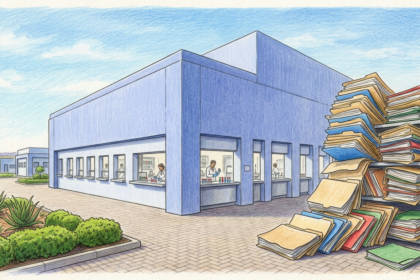 Hand-drawn illustration of a pathology laboratory building beside an overflowing stack of medical record folders
