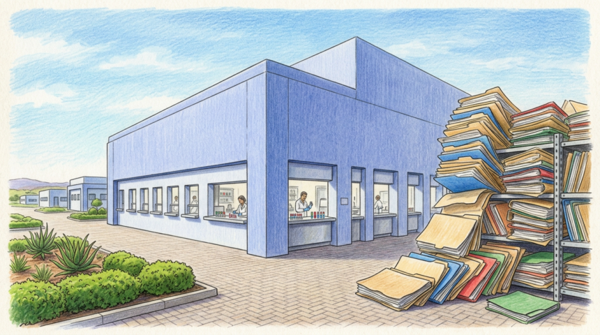 Hand-drawn illustration of a pathology laboratory building beside an overflowing stack of medical record folders